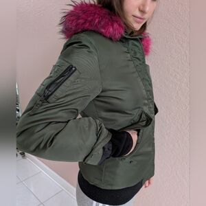 SAM Olive Green Hooded Bomber Jacket with Pink Fox Fur Trim, Size 14 Girls